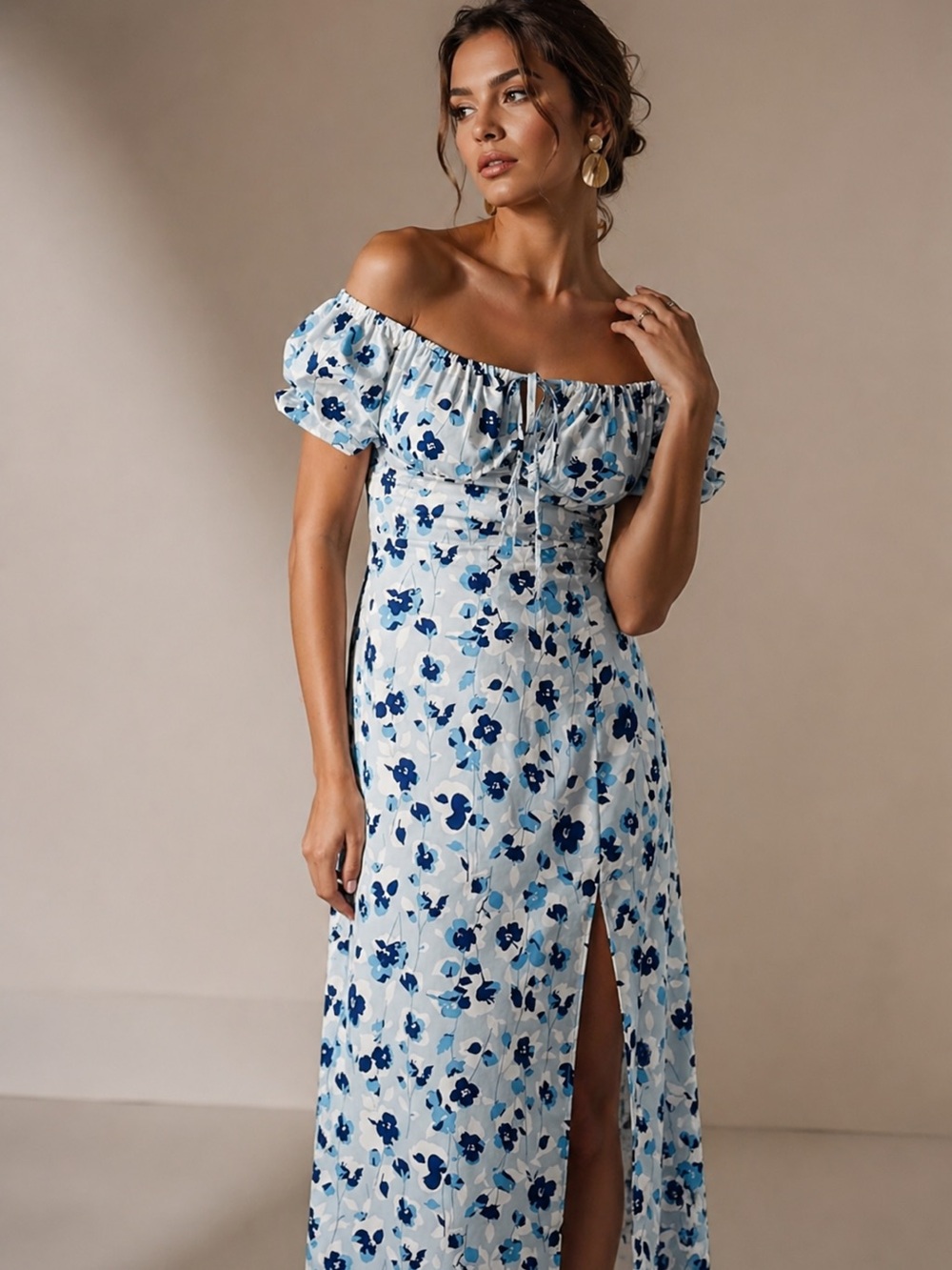Off-Shoulder Blue Floral Maxi Dress free people S